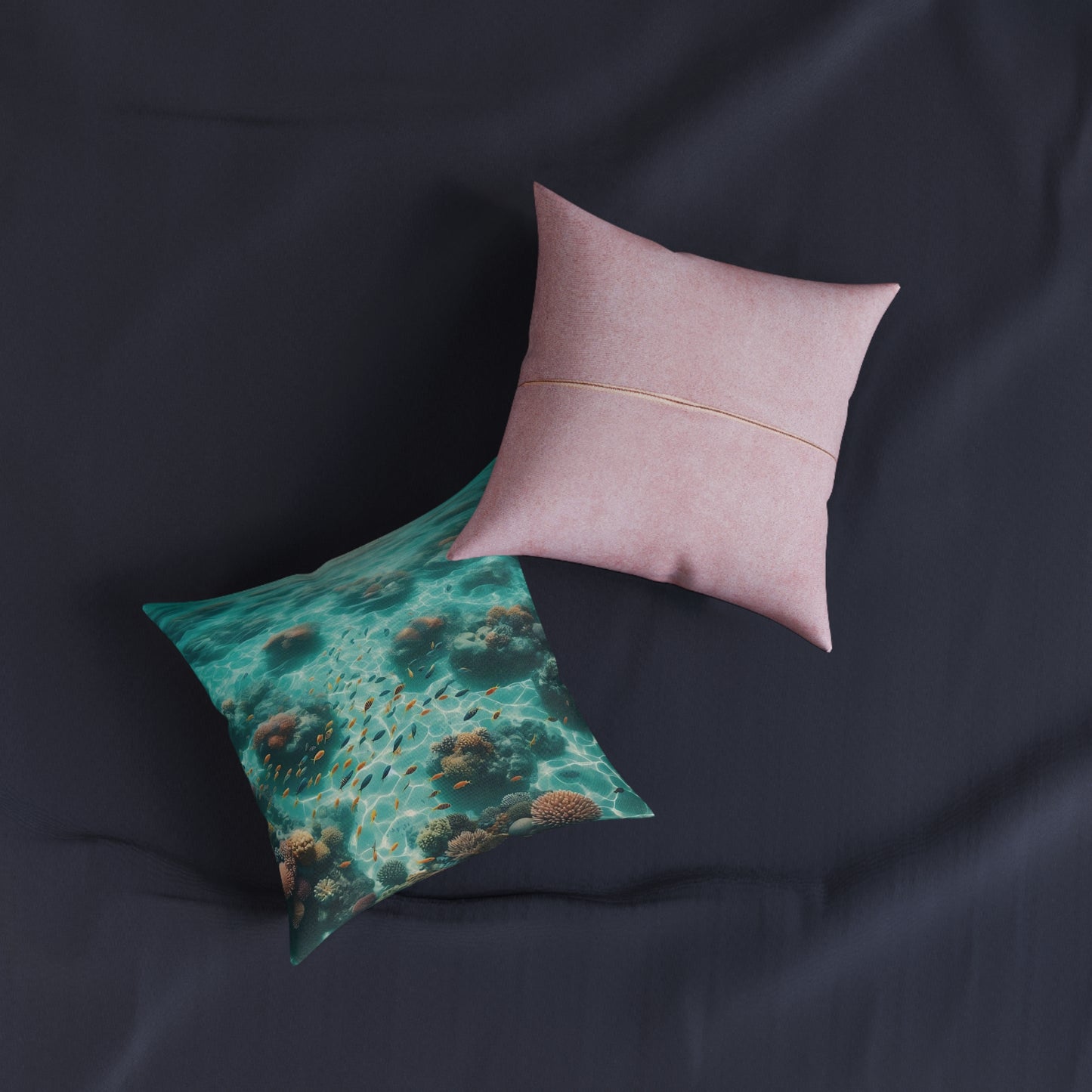 Massifs and fish in a crystal clear sea Square Pillow - Pink Back