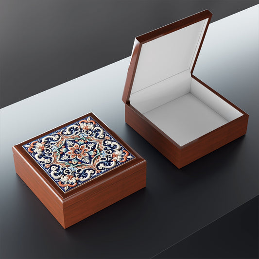 "Stylish Storage: The Elegant Decorative Jewelry Box with Ornate Tile Design"