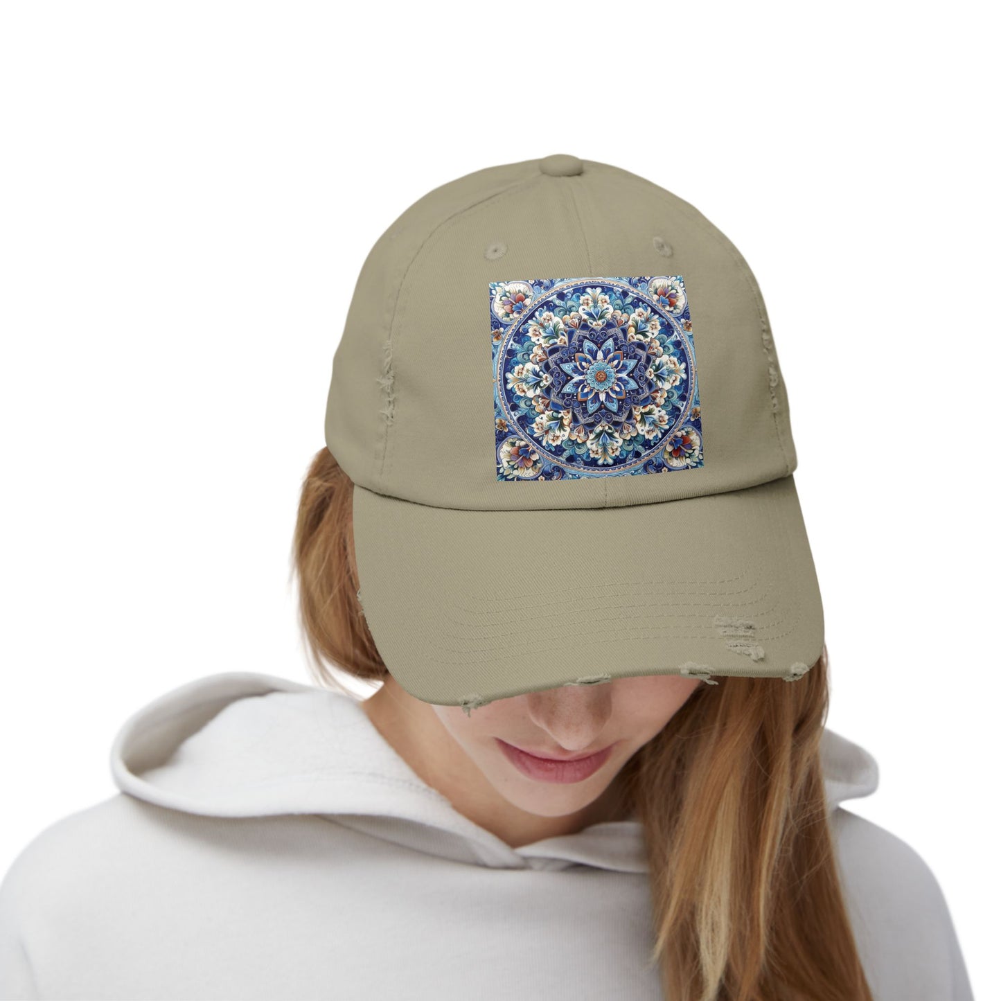 "Blue Traditional Tile Art Unisex Distressed Cap