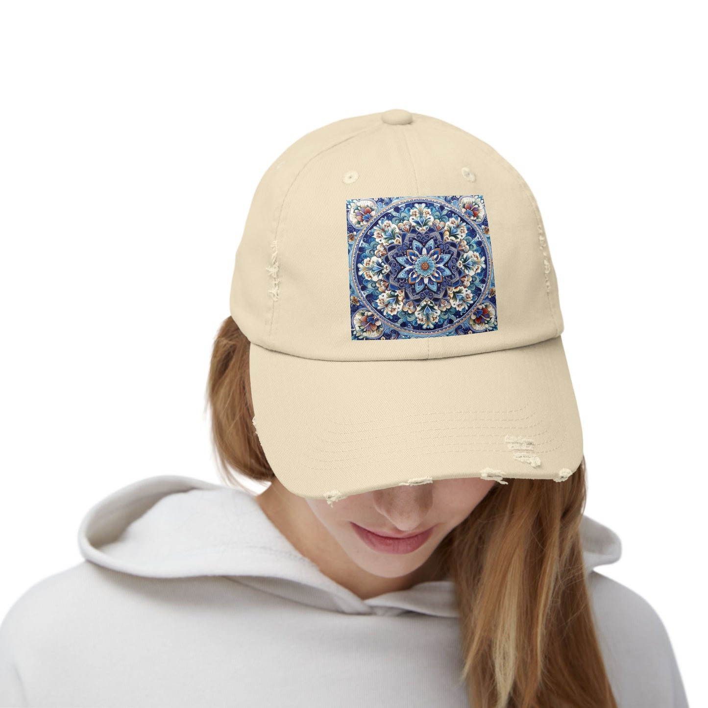 "Blue Traditional Tile Art Unisex Distressed Cap