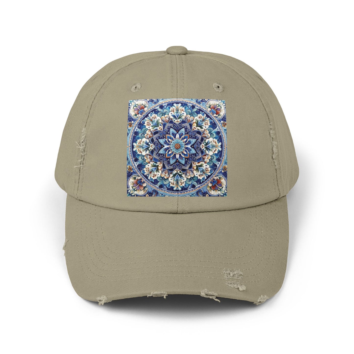 "Blue Traditional Tile Art Unisex Distressed Cap