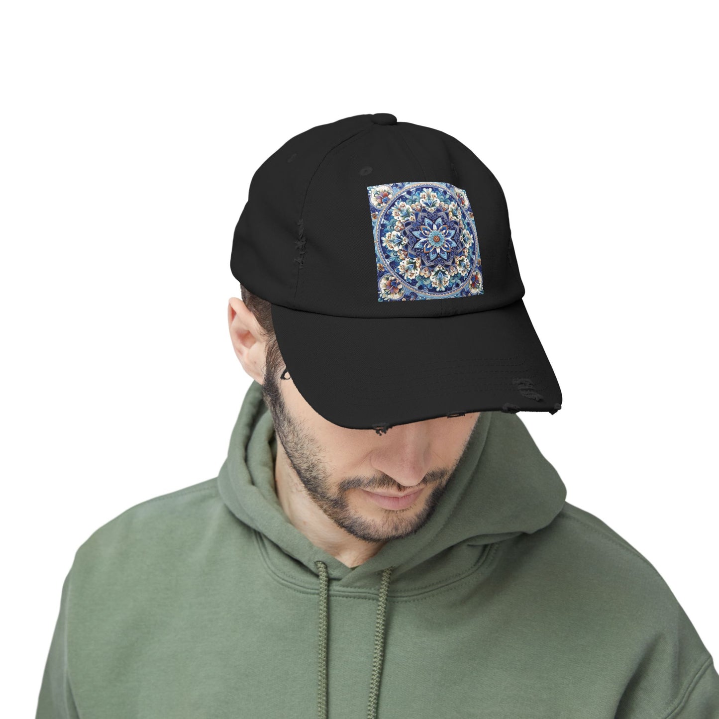 "Blue Traditional Tile Art Unisex Distressed Cap