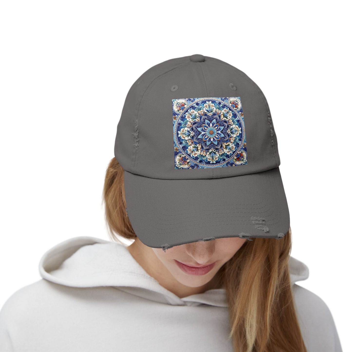 "Blue Traditional Tile Art Unisex Distressed Cap