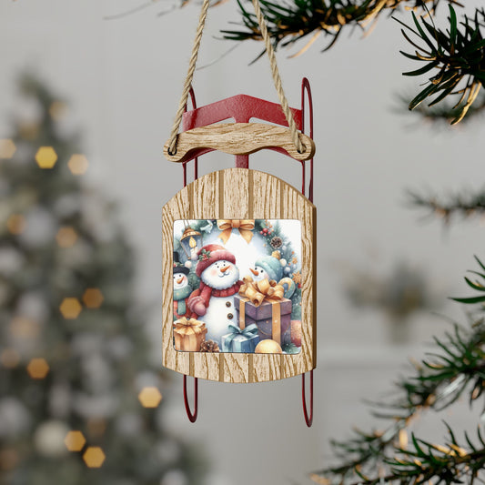 "Christmas-Themed Watercolour Effect Sled Ornaments – Festive Holiday Decoration for Tree & Home"