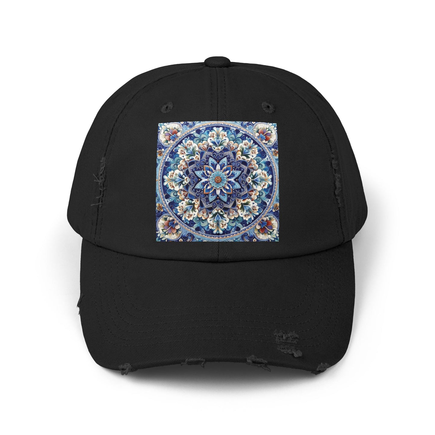 "Blue Traditional Tile Art Unisex Distressed Cap