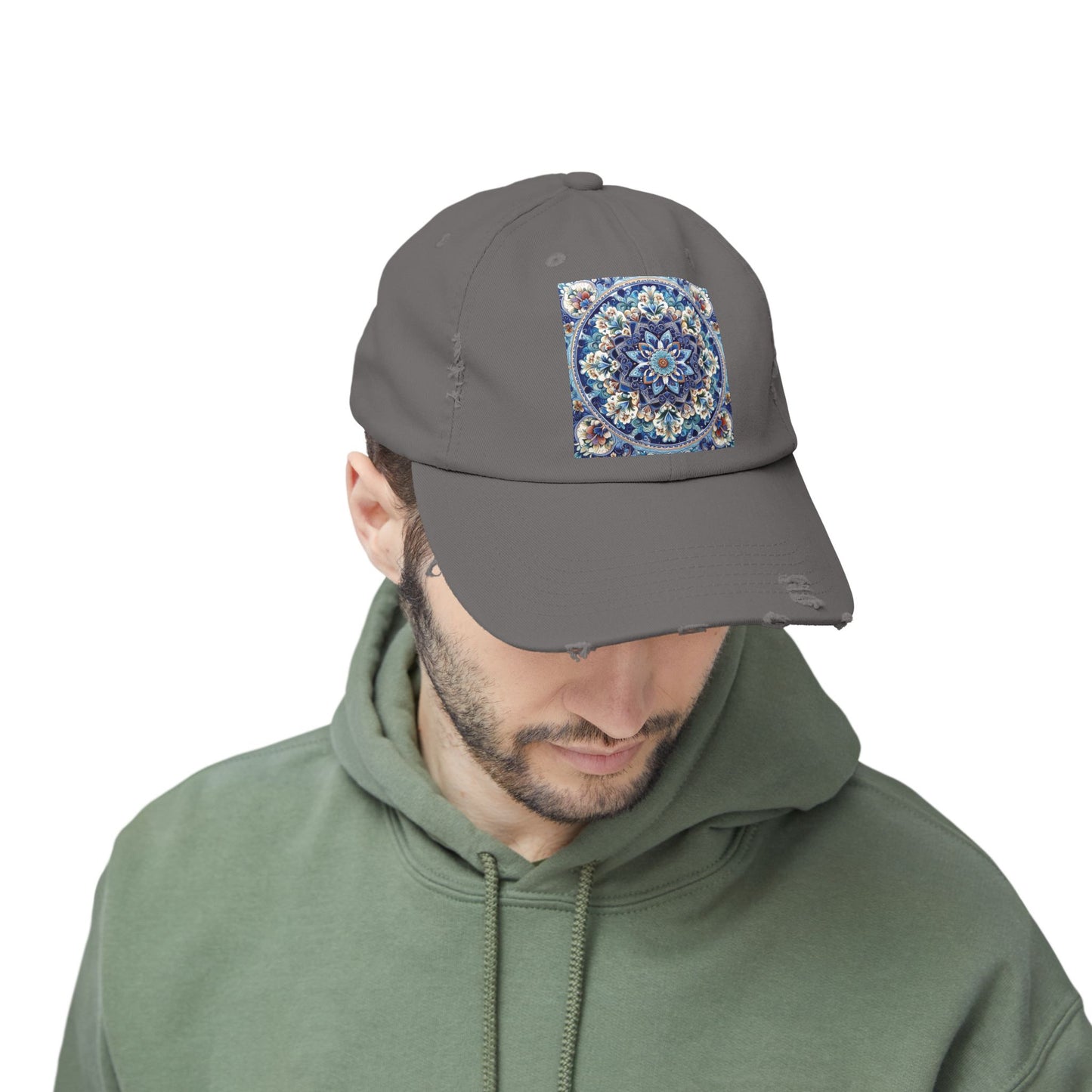 "Blue Traditional Tile Art Unisex Distressed Cap