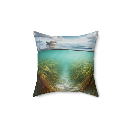 Boat in the Sea on a Summer Day with Seaweed Spun Polyester Square Pillow – Nautical Coastal Decorative Throw Cushion for Home
