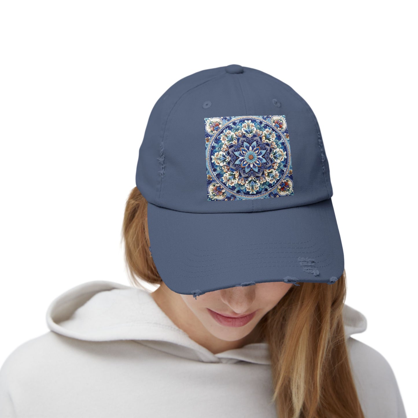 "Blue Traditional Tile Art Unisex Distressed Cap
