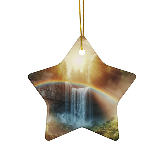 Waterfalls and rainbows in the forest Ceramic Ornament, 4 Shapes