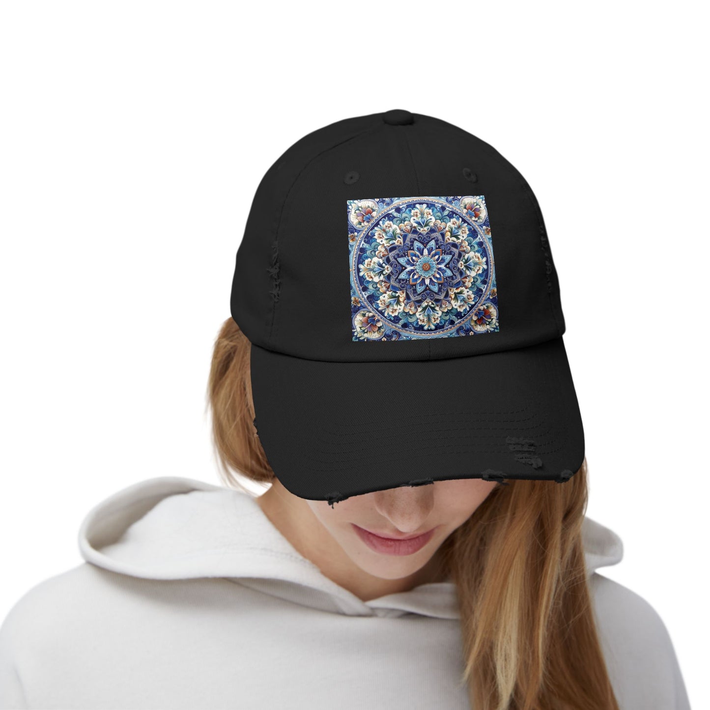 "Blue Traditional Tile Art Unisex Distressed Cap