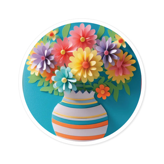 Colorful Flowers in a Vase Round Stickers – Indoor & Outdoor Decorative Vinyl Decals 🌸