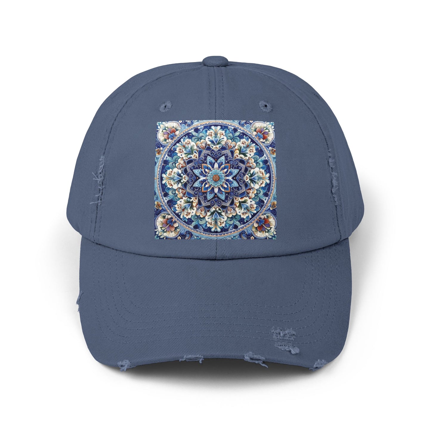 "Blue Traditional Tile Art Unisex Distressed Cap
