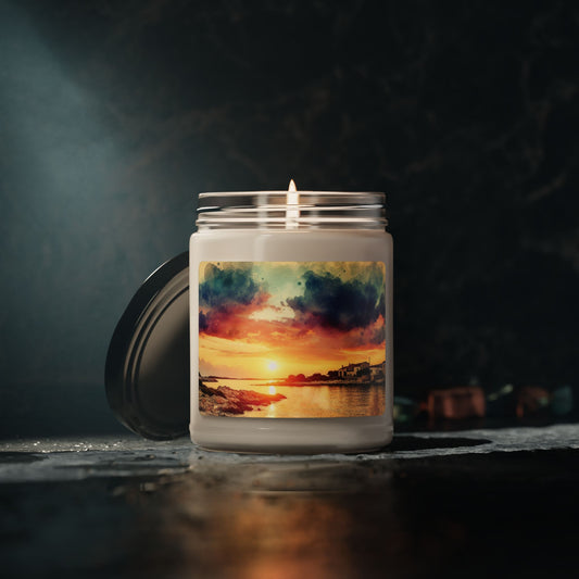 Sunset Landscape Watercolour Effect Scented Soy Candle, 9oz – Relaxing Aromatherapy Candle for Home 🌅🕯️