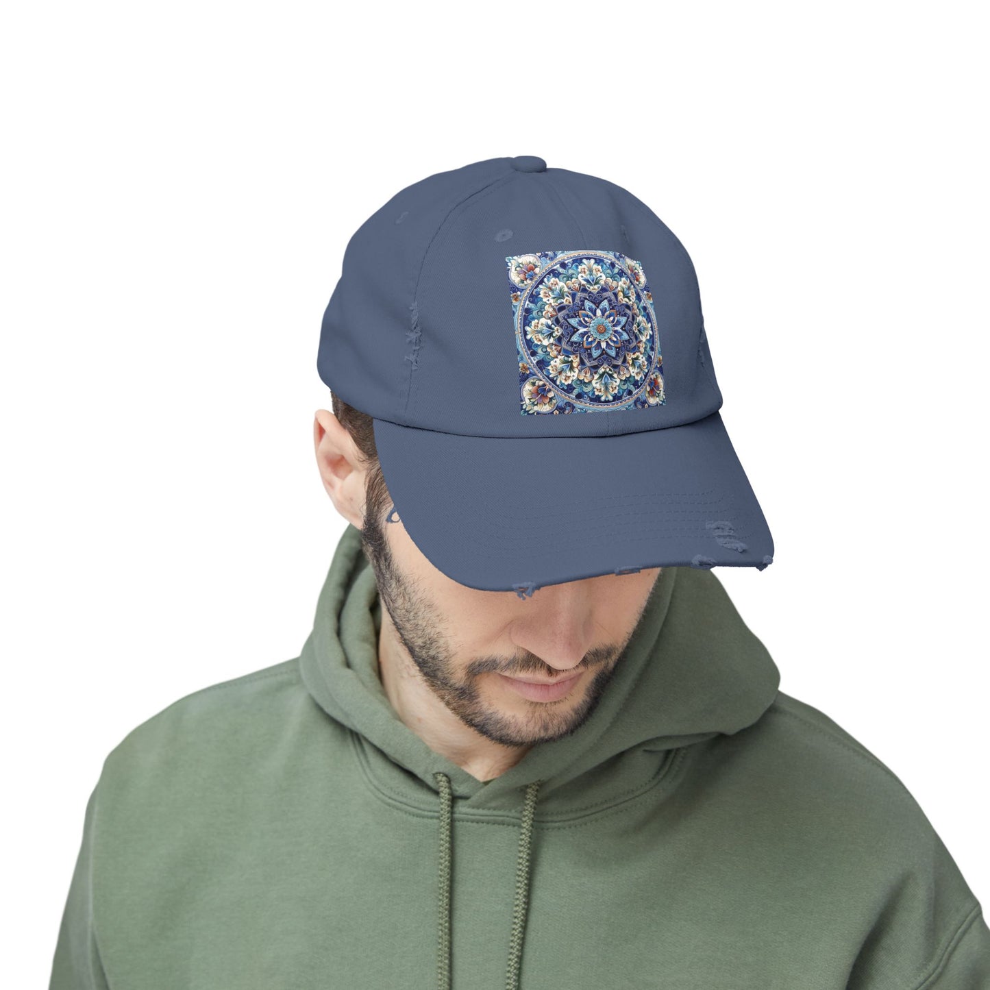 "Blue Traditional Tile Art Unisex Distressed Cap